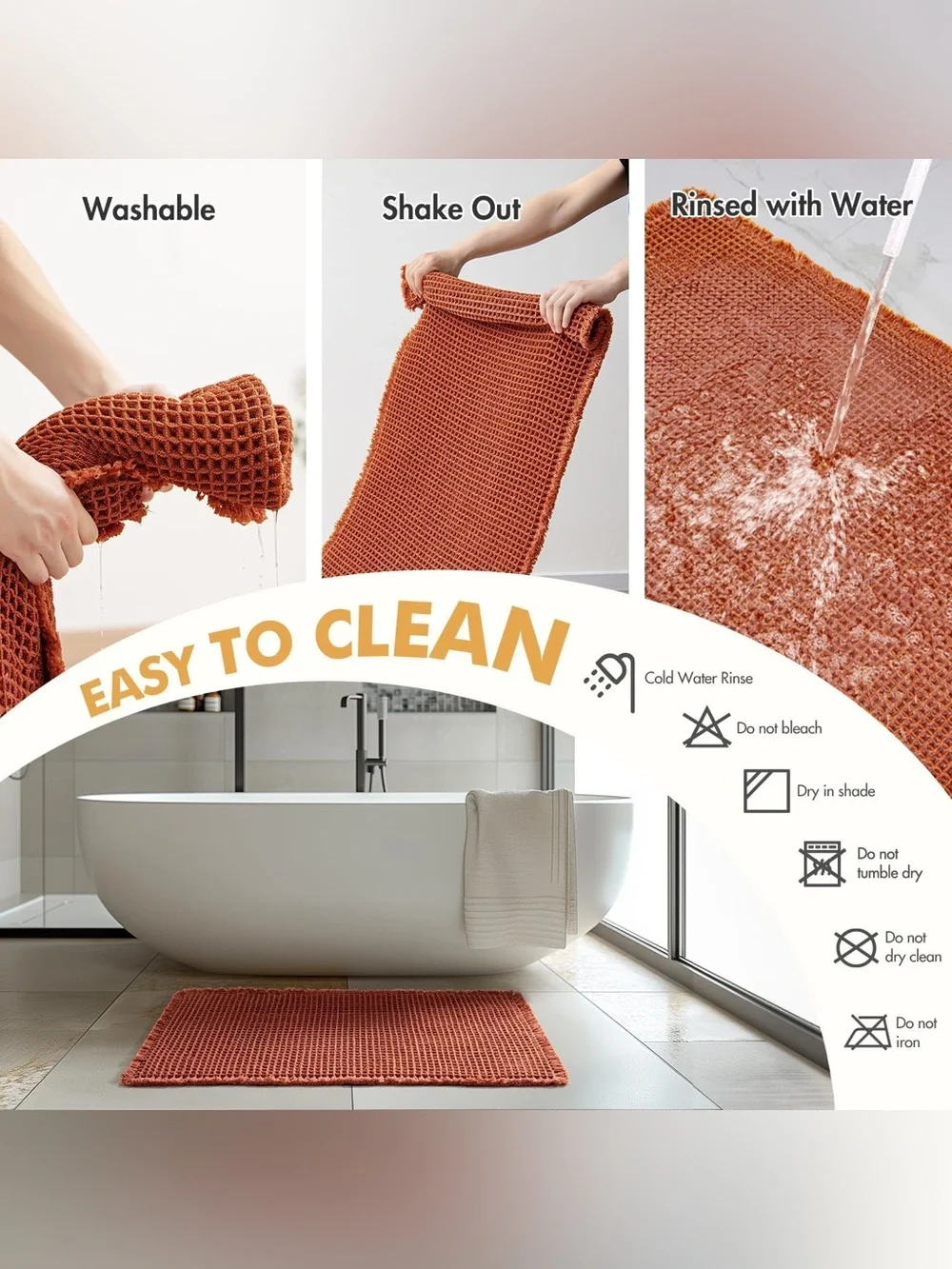 MIULEE Orange Waffle Bath Mat – Boho Style, Non-Slip, Washable, Super-Absorbent